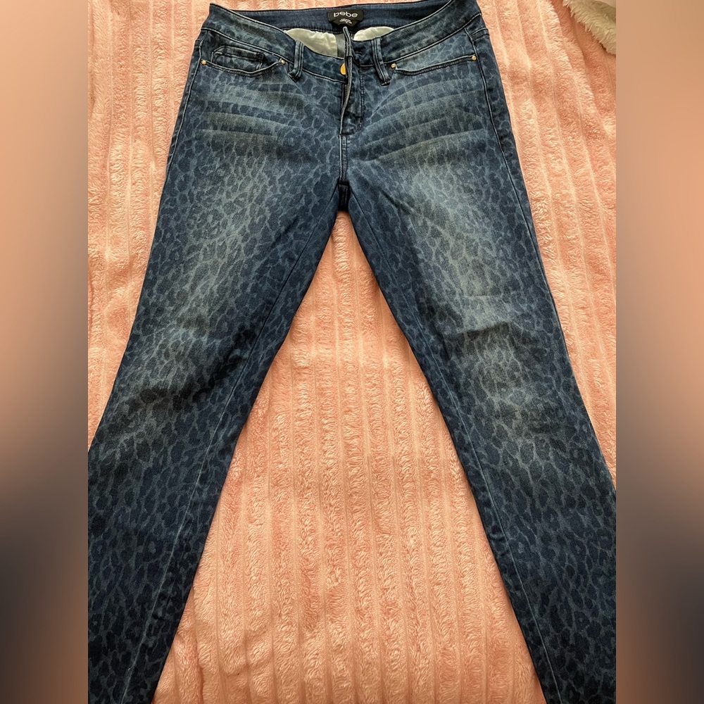 bebe Blue Leopard Skinny Jeans